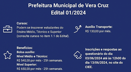 Prefeitura de Vera Cruz abre inscrições para estágio remunerado Visão